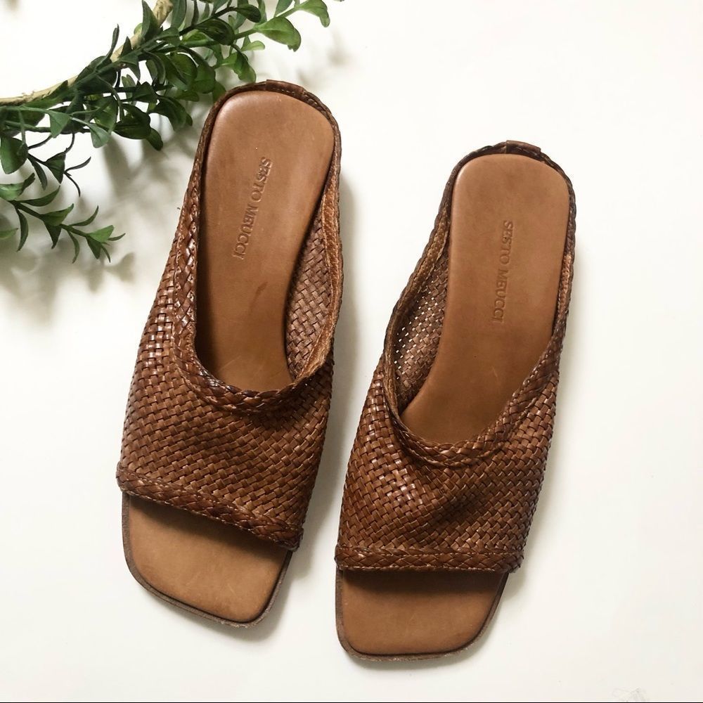 Sesto Meucci brown leather basket weave slip on open toe heeled sandals